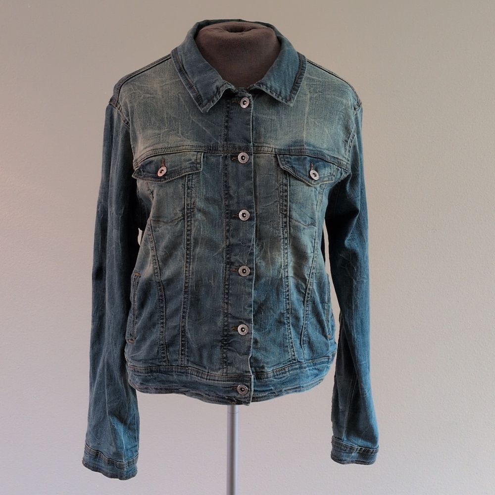 Muselooks Distressed Fade Jean Jacket Fitted Stretch Trucker Med